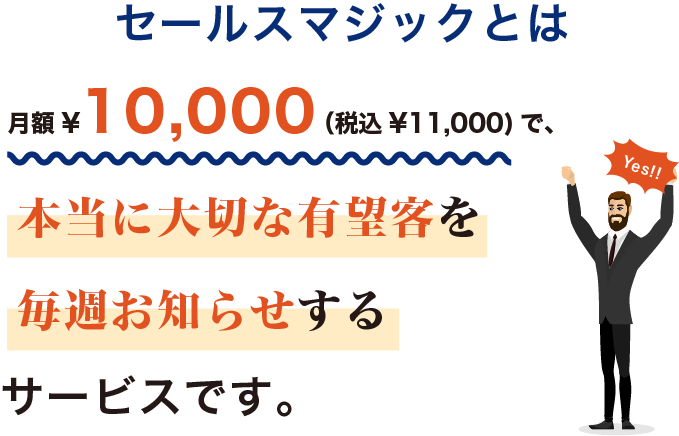 セールスマジックとは月額¥10,000(税込¥11,000) で、本当に大切な有望客を毎週お知らせするサービスです。